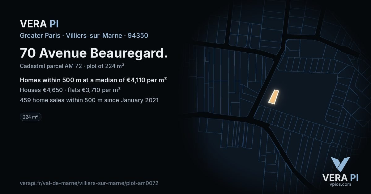 70 Avenue Beauregard, Villiers-sur-Marne at night – the plot lit, the parcels around coloured by the prices near them
