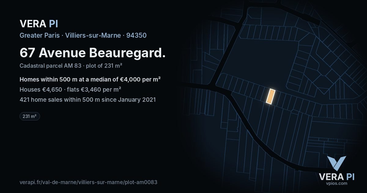 67 Avenue Beauregard, Villiers-sur-Marne at night – the plot lit, the parcels around coloured by the prices near them