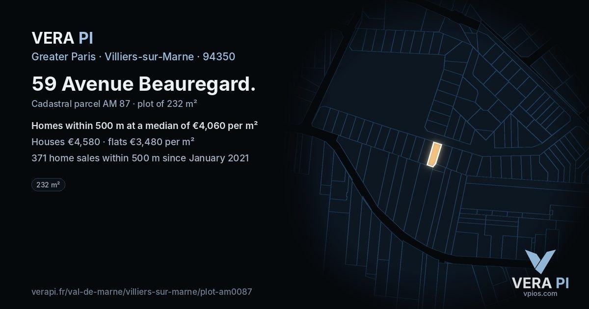 59 Avenue Beauregard, Villiers-sur-Marne at night – the plot lit, the parcels around coloured by the prices near them