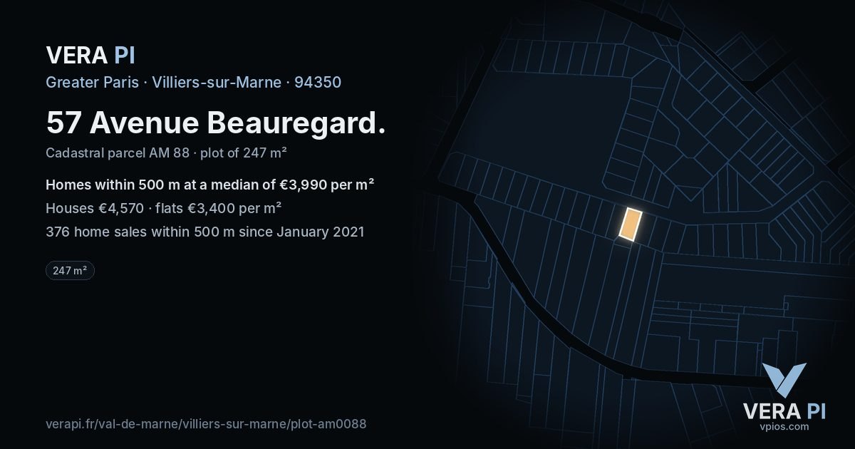 57 Avenue Beauregard, Villiers-sur-Marne at night – the plot lit, the parcels around coloured by the prices near them