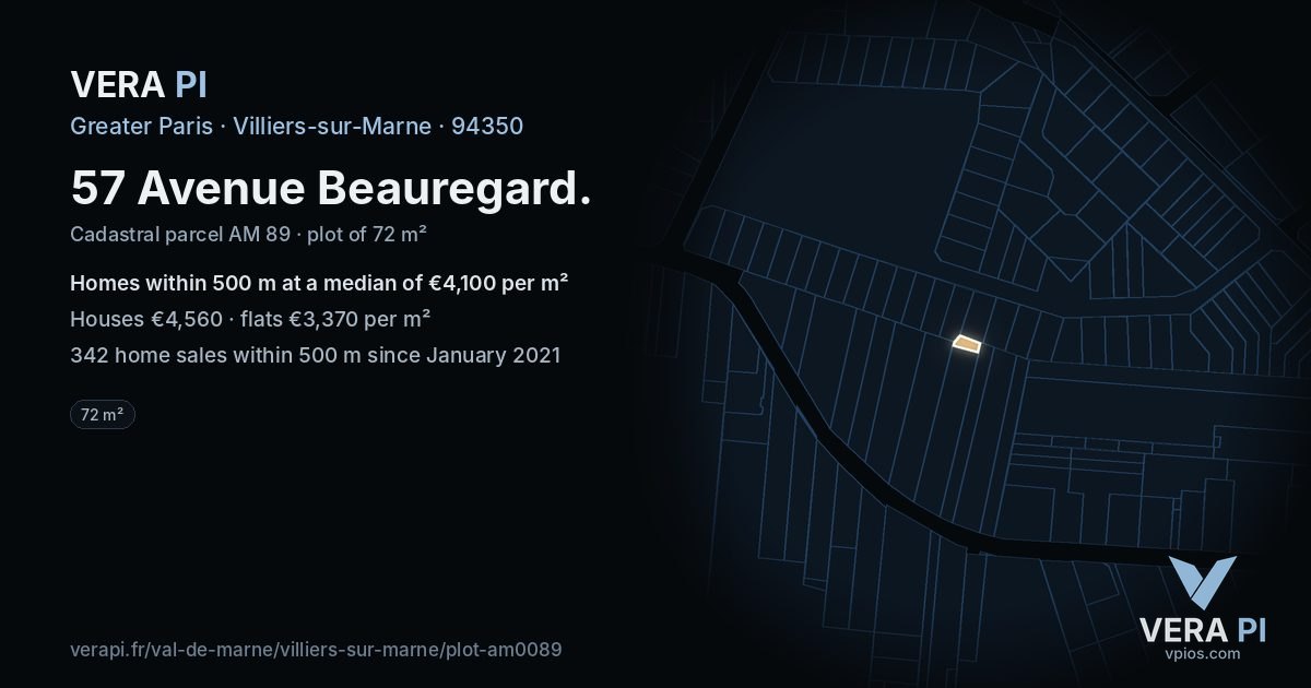 57 Avenue Beauregard, Villiers-sur-Marne at night – the plot lit, the parcels around coloured by the prices near them