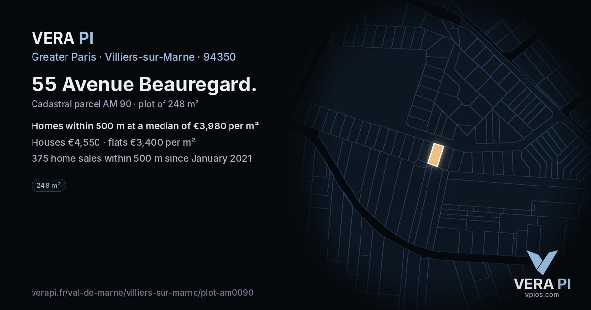 55 Avenue Beauregard, Villiers-sur-Marne at night – the plot lit, the parcels around coloured by the prices near them
