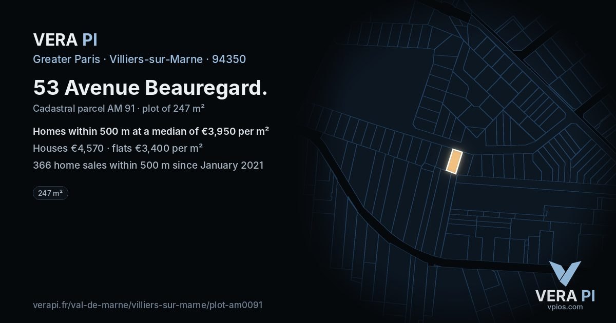 53 Avenue Beauregard, Villiers-sur-Marne at night – the plot lit, the parcels around coloured by the prices near them