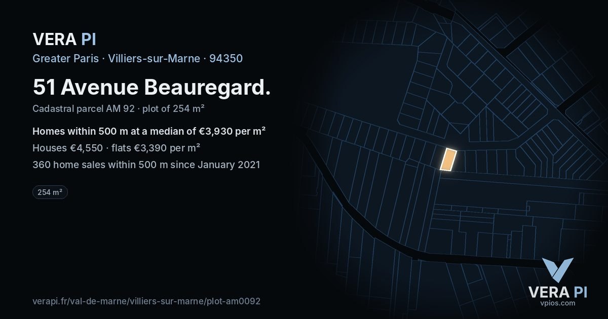 51 Avenue Beauregard, Villiers-sur-Marne at night – the plot lit, the parcels around coloured by the prices near them