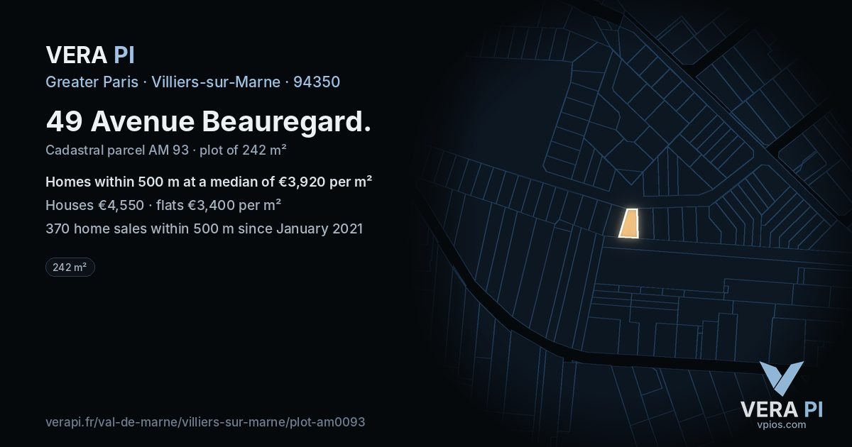 49 Avenue Beauregard, Villiers-sur-Marne at night – the plot lit, the parcels around coloured by the prices near them