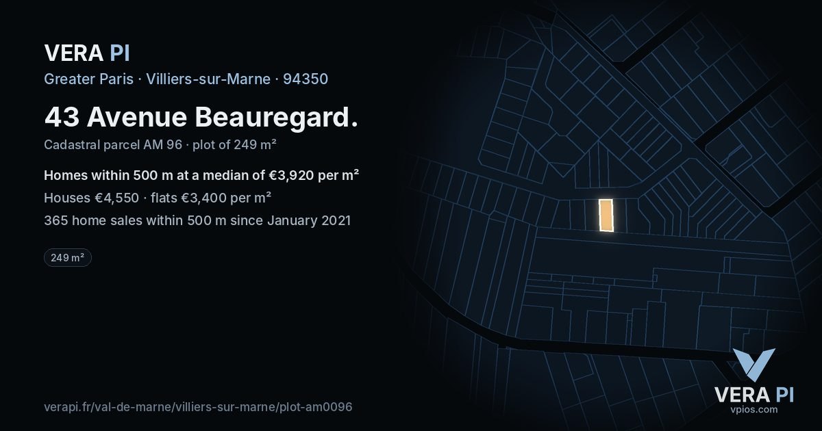 43 Avenue Beauregard, Villiers-sur-Marne at night – the plot lit, the parcels around coloured by the prices near them
