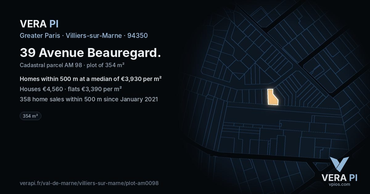 39 Avenue Beauregard, Villiers-sur-Marne at night – the plot lit, the parcels around coloured by the prices near them