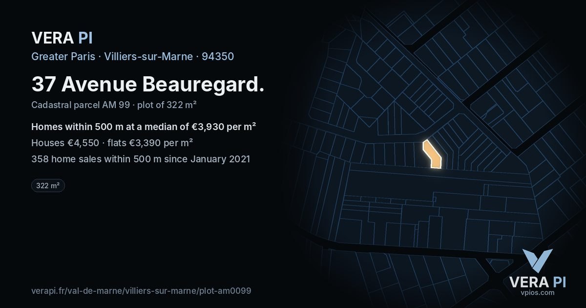 37 Avenue Beauregard, Villiers-sur-Marne at night – the plot lit, the parcels around coloured by the prices near them