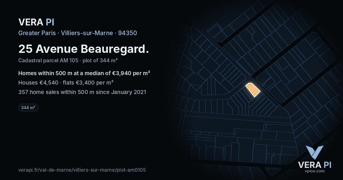 25 Avenue Beauregard, Villiers-sur-Marne at night – the plot lit, the parcels around coloured by the prices near them