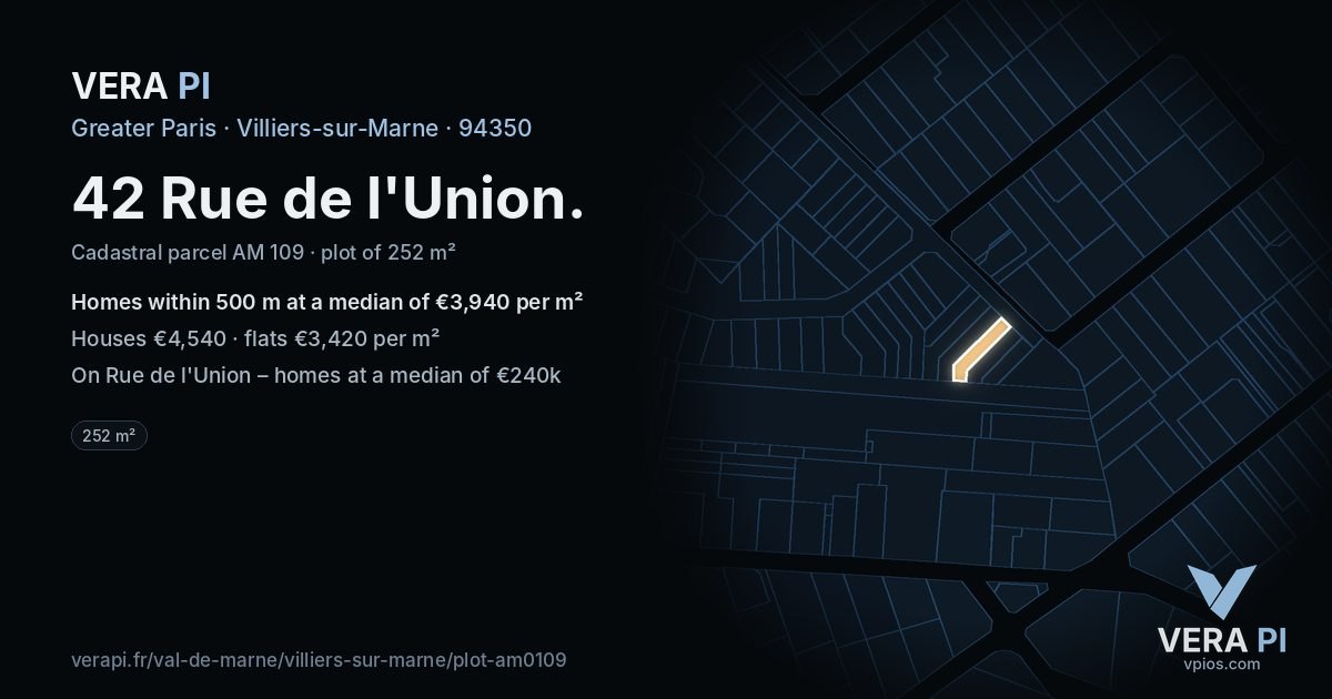 42 Rue de l'Union, Villiers-sur-Marne at night – the plot lit, the parcels around coloured by the prices near them