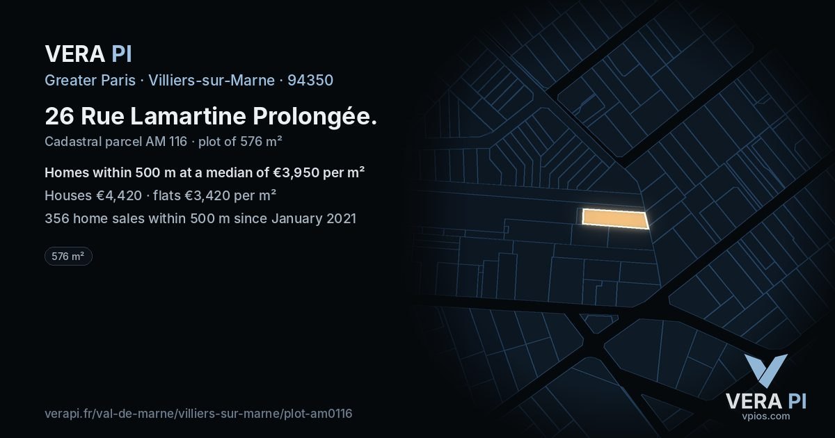 26 Rue Lamartine Prolongée, Villiers-sur-Marne at night – the plot lit, the parcels around coloured by the prices near them