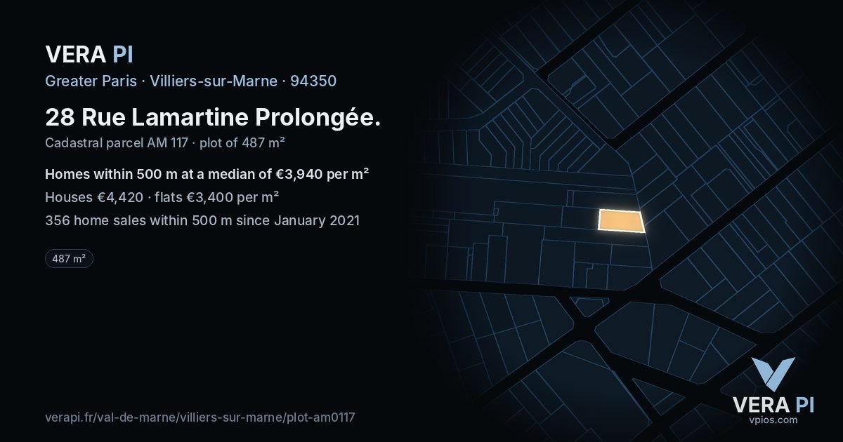 28 Rue Lamartine Prolongée, Villiers-sur-Marne at night – the plot lit, the parcels around coloured by the prices near them