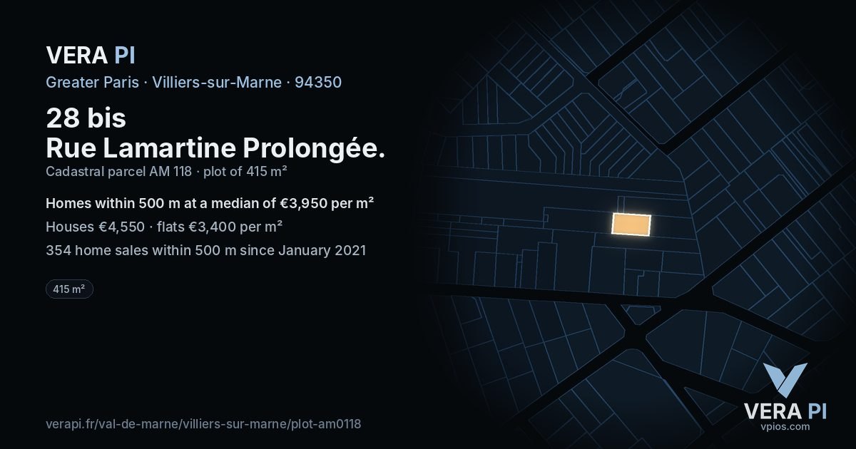 28 bis Rue Lamartine Prolongée, Villiers-sur-Marne at night – the plot lit, the parcels around coloured by the prices near them