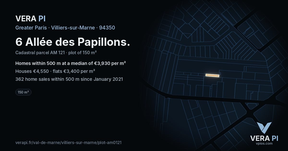 6 Allée des Papillons, Villiers-sur-Marne at night – the plot lit, the parcels around coloured by the prices near them