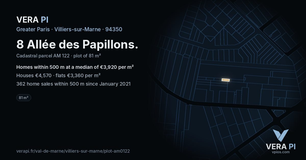 8 Allée des Papillons, Villiers-sur-Marne at night – the plot lit, the parcels around coloured by the prices near them