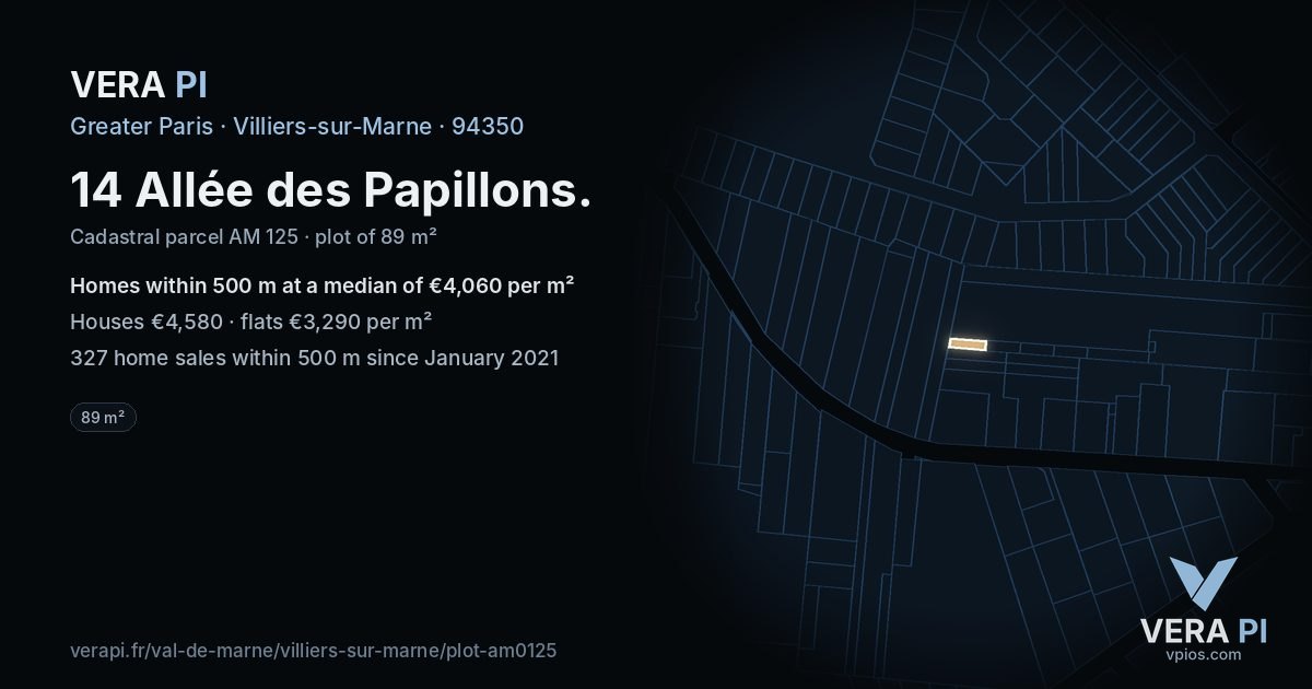 14 Allée des Papillons, Villiers-sur-Marne at night – the plot lit, the parcels around coloured by the prices near them