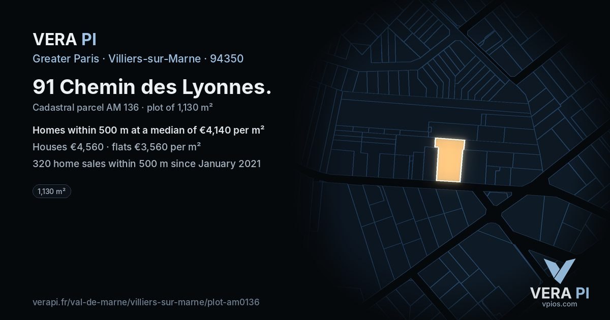 91 Chemin des Lyonnes, Villiers-sur-Marne at night – the plot lit, the parcels around coloured by the prices near them
