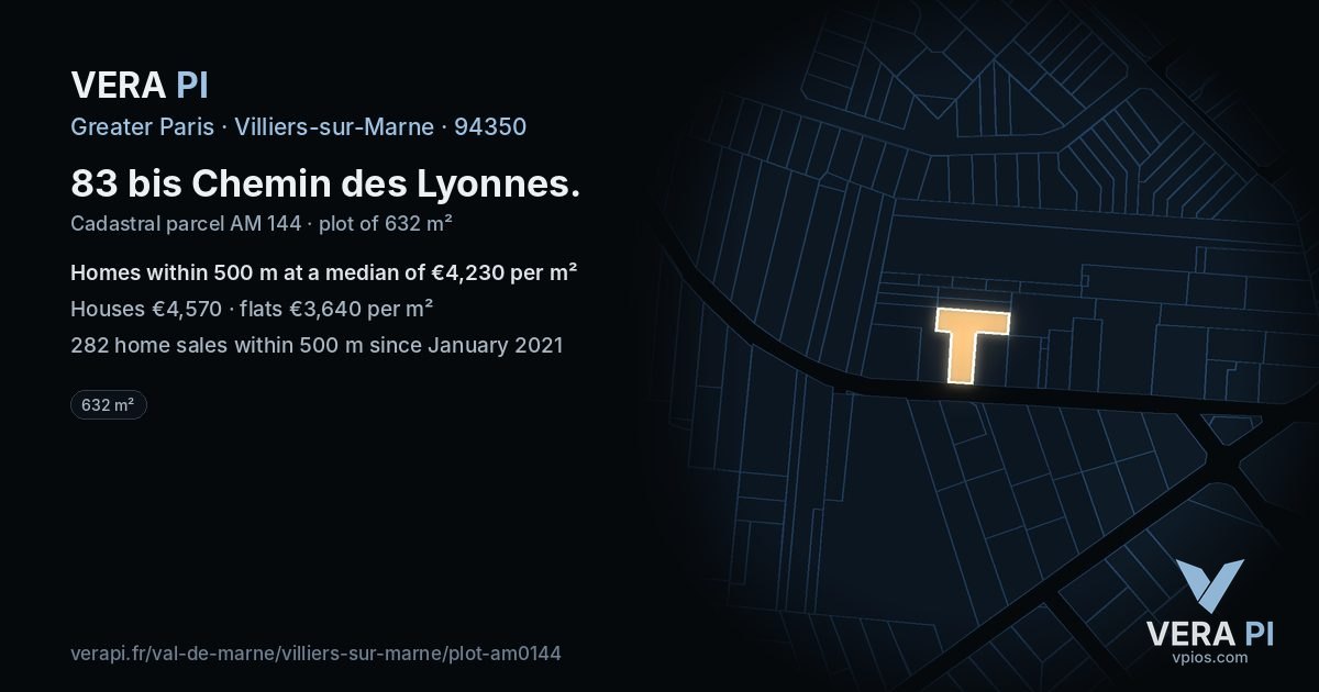 83 bis Chemin des Lyonnes, Villiers-sur-Marne at night – the plot lit, the parcels around coloured by the prices near them