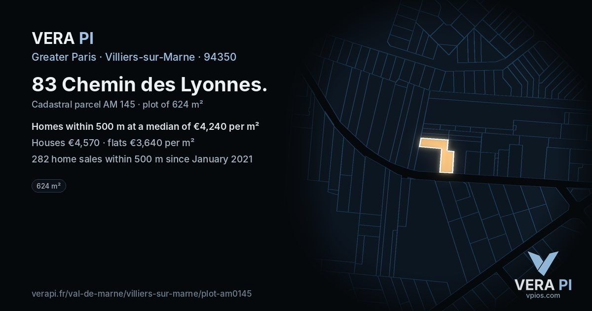 83 Chemin des Lyonnes, Villiers-sur-Marne at night – the plot lit, the parcels around coloured by the prices near them