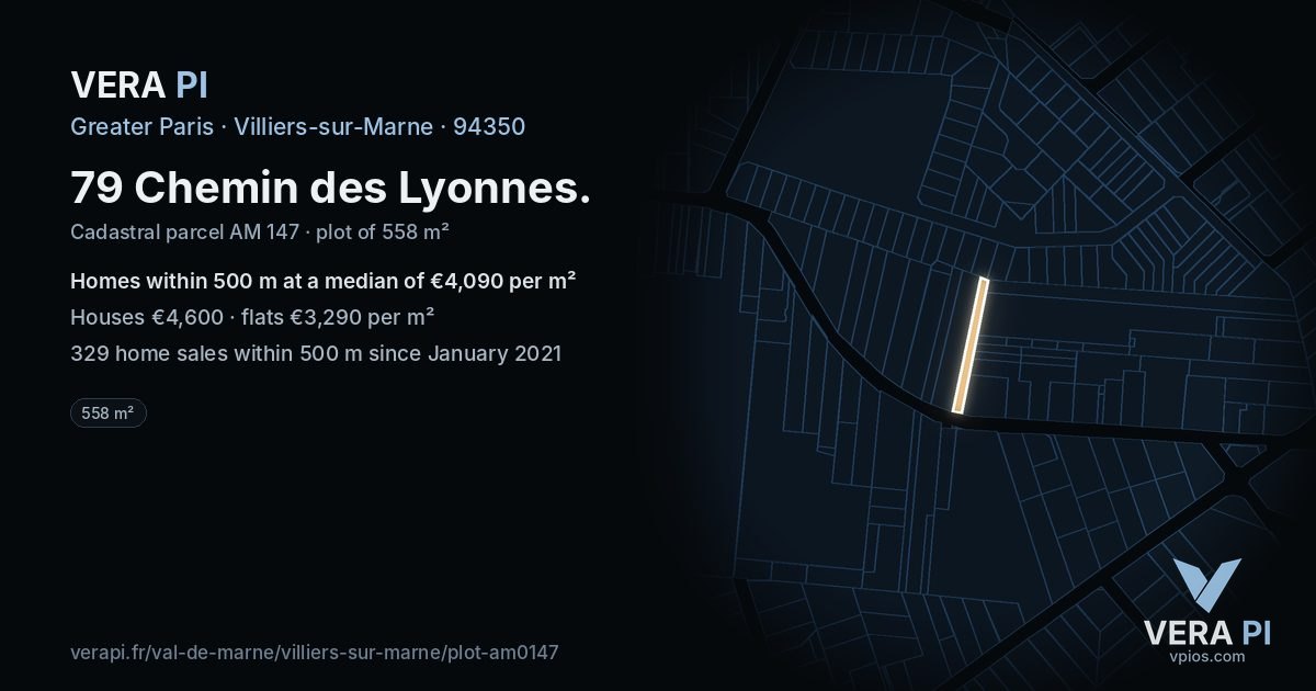 79 Chemin des Lyonnes, Villiers-sur-Marne at night – the plot lit, the parcels around coloured by the prices near them