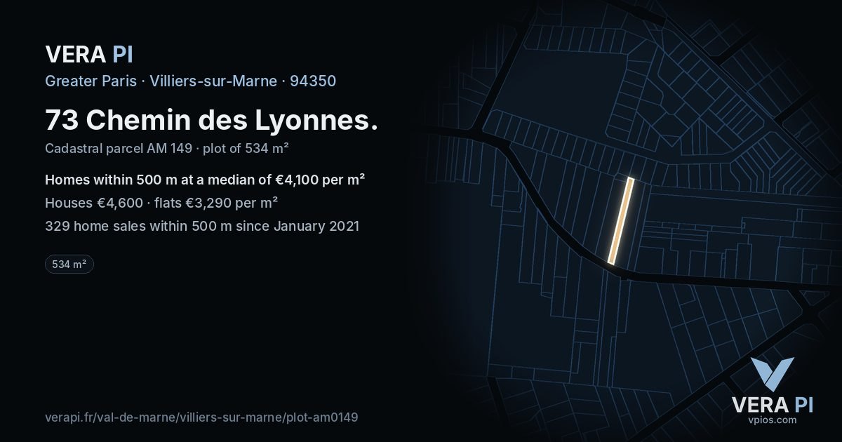 73 Chemin des Lyonnes, Villiers-sur-Marne at night – the plot lit, the parcels around coloured by the prices near them