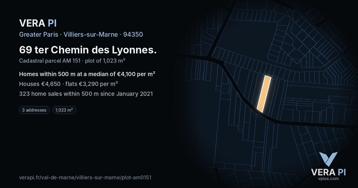 69 ter Chemin des Lyonnes, Villiers-sur-Marne at night – the plot lit, the parcels around coloured by the prices near them