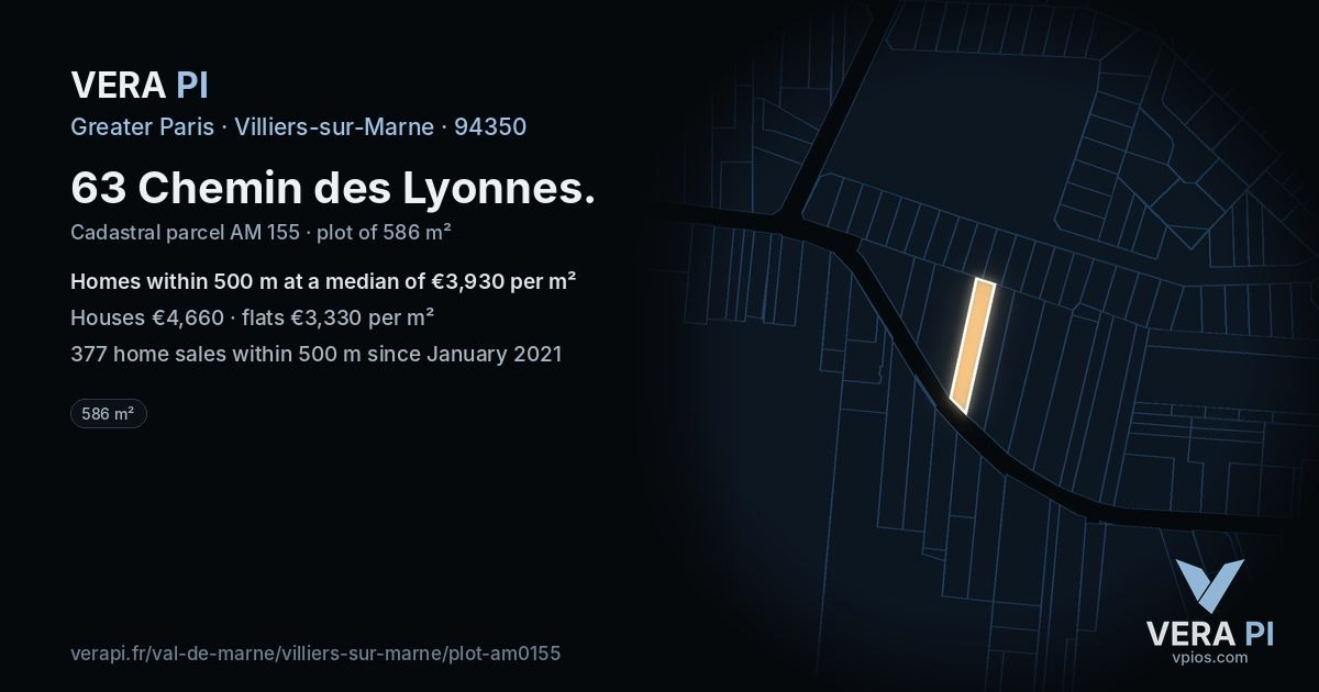 63 Chemin des Lyonnes, Villiers-sur-Marne at night – the plot lit, the parcels around coloured by the prices near them