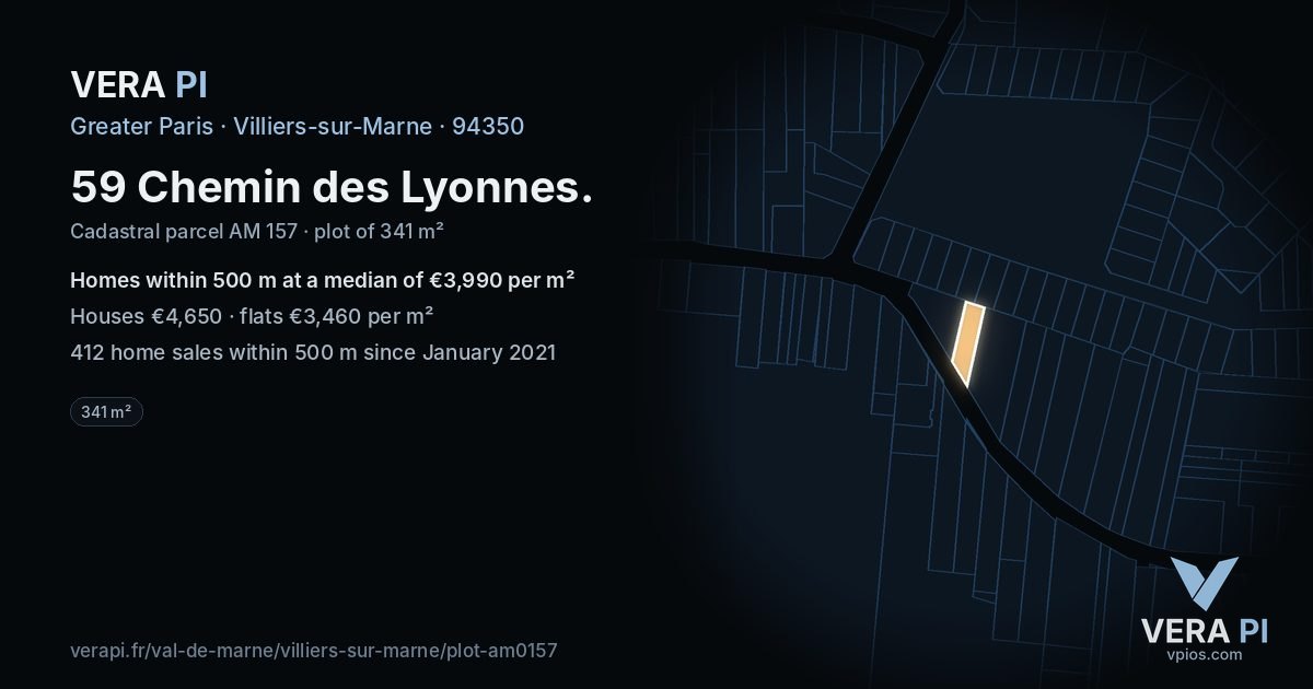 59 Chemin des Lyonnes, Villiers-sur-Marne at night – the plot lit, the parcels around coloured by the prices near them