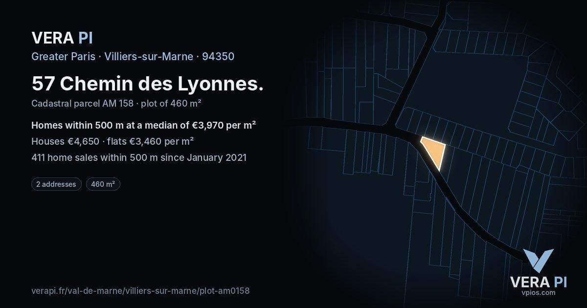 57 Chemin des Lyonnes, Villiers-sur-Marne at night – the plot lit, the parcels around coloured by the prices near them
