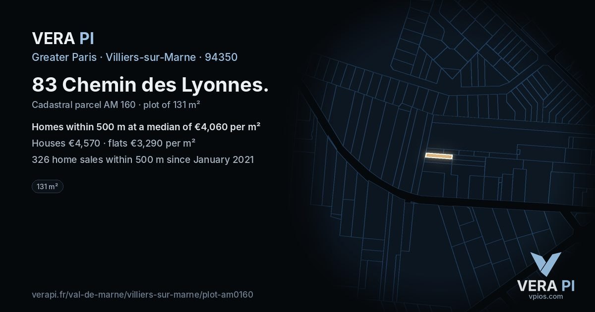 83 Chemin des Lyonnes, Villiers-sur-Marne at night – the plot lit, the parcels around coloured by the prices near them