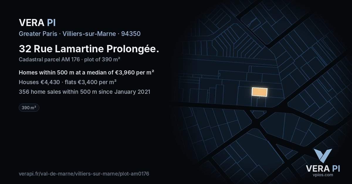 32 Rue Lamartine Prolongée, Villiers-sur-Marne at night – the plot lit, the parcels around coloured by the prices near them