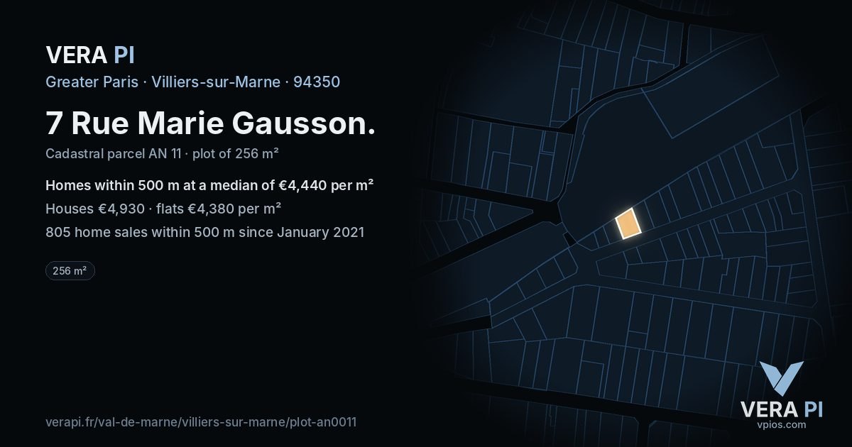 7 Rue Marie Gausson, Villiers-sur-Marne at night – the plot lit, the parcels around coloured by the prices near them