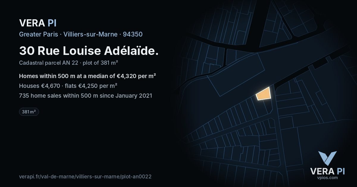 30 Rue Louise Adélaïde, Villiers-sur-Marne at night – the plot lit, the parcels around coloured by the prices near them