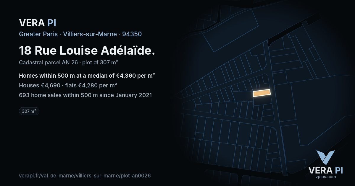 18 Rue Louise Adélaïde, Villiers-sur-Marne at night – the plot lit, the parcels around coloured by the prices near them