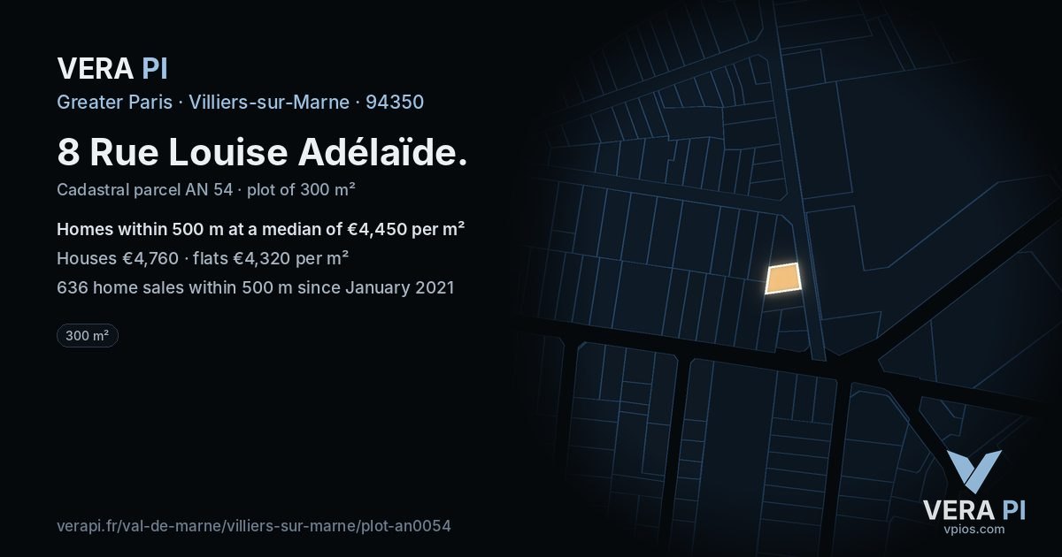 8 Rue Louise Adélaïde, Villiers-sur-Marne at night – the plot lit, the parcels around coloured by the prices near them