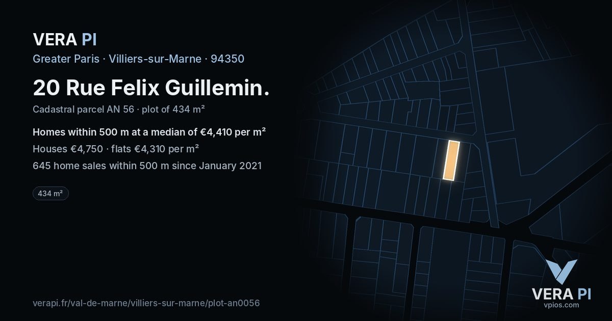 20 Rue Felix Guillemin, Villiers-sur-Marne at night – the plot lit, the parcels around coloured by the prices near them