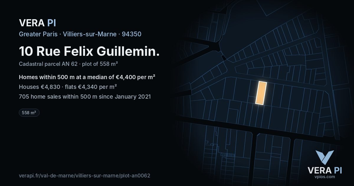 10 Rue Felix Guillemin, Villiers-sur-Marne at night – the plot lit, the parcels around coloured by the prices near them