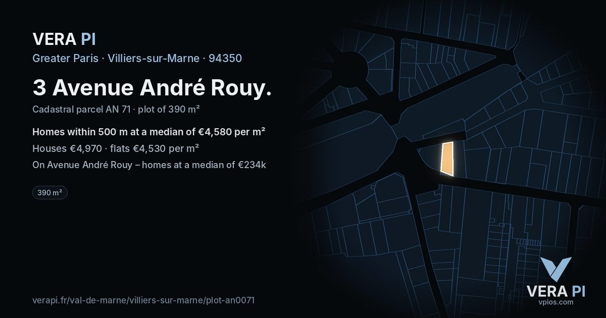 3 Avenue André Rouy, Villiers-sur-Marne at night – the plot lit, the parcels around coloured by the prices near them