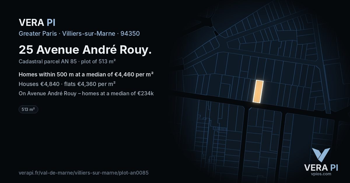 25 Avenue André Rouy, Villiers-sur-Marne at night – the plot lit, the parcels around coloured by the prices near them
