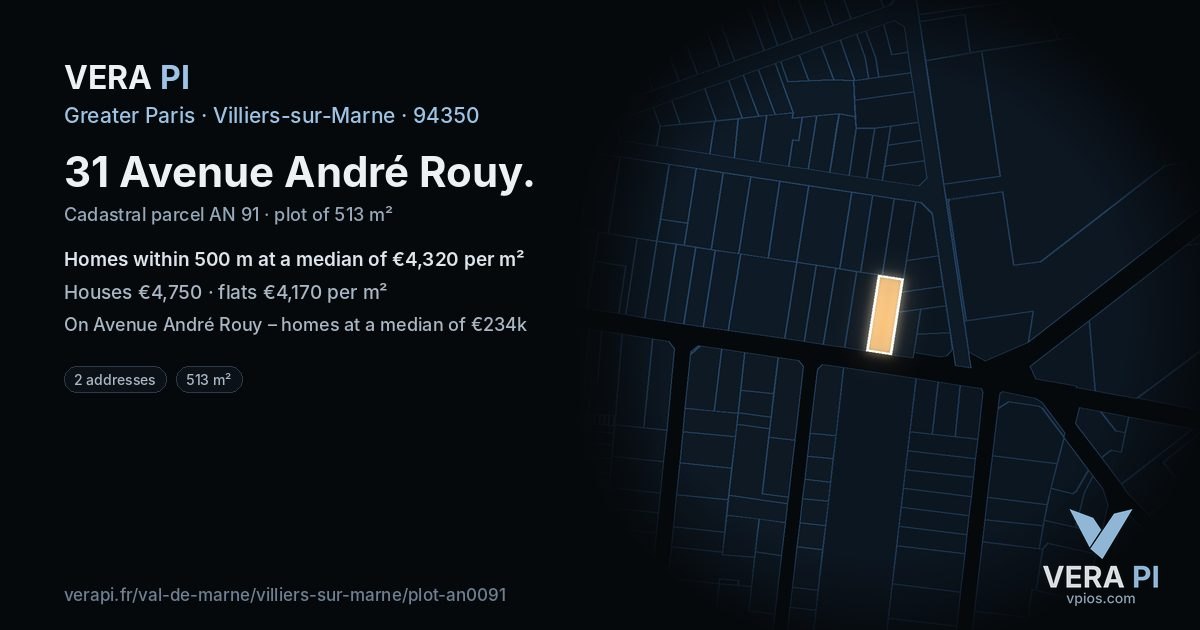 31 Avenue André Rouy, Villiers-sur-Marne at night – the plot lit, the parcels around coloured by the prices near them