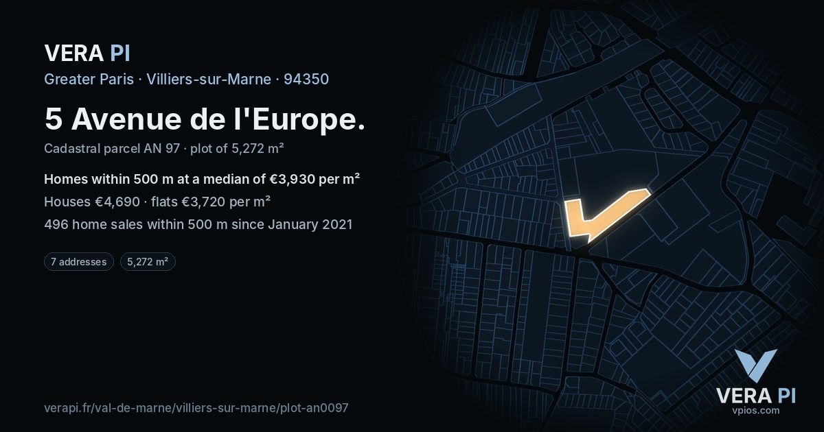 5 Avenue de l'Europe, Villiers-sur-Marne at night – the plot lit, the parcels around coloured by the prices near them