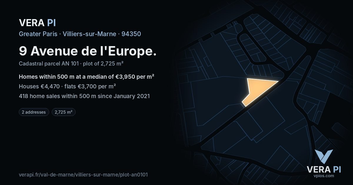 9 Avenue de l'Europe, Villiers-sur-Marne at night – the plot lit, the parcels around coloured by the prices near them