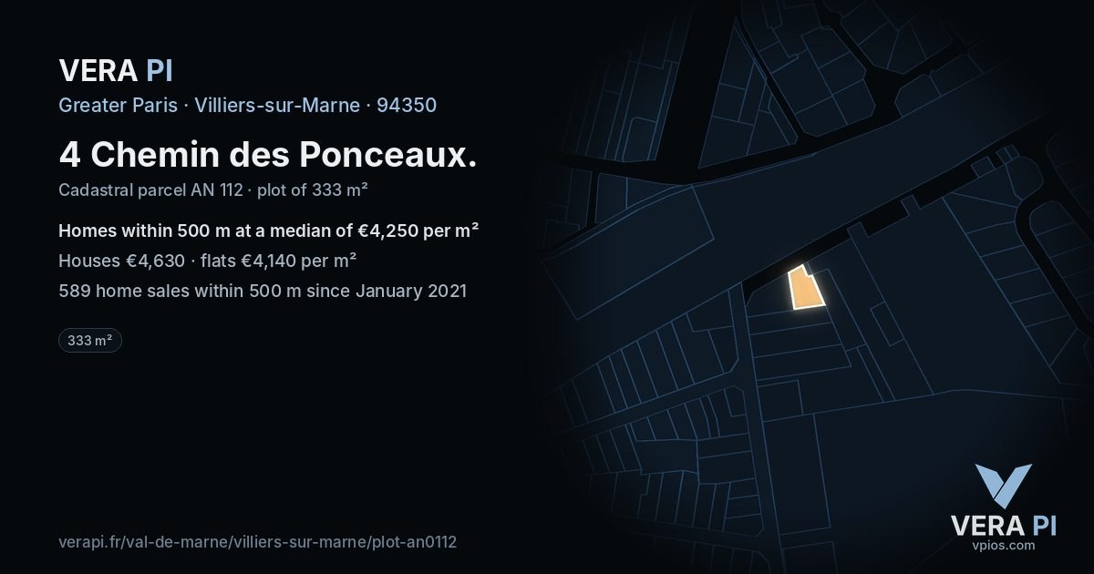4 Chemin des Ponceaux, Villiers-sur-Marne at night – the plot lit, the parcels around coloured by the prices near them