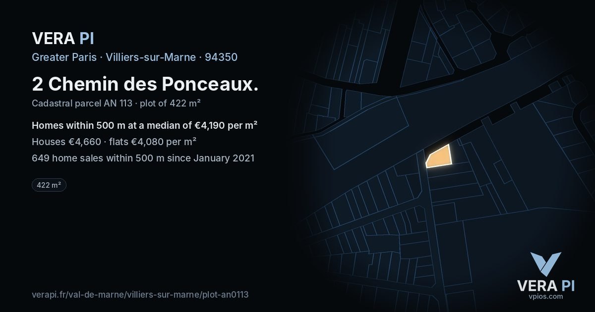 2 Chemin des Ponceaux, Villiers-sur-Marne at night – the plot lit, the parcels around coloured by the prices near them