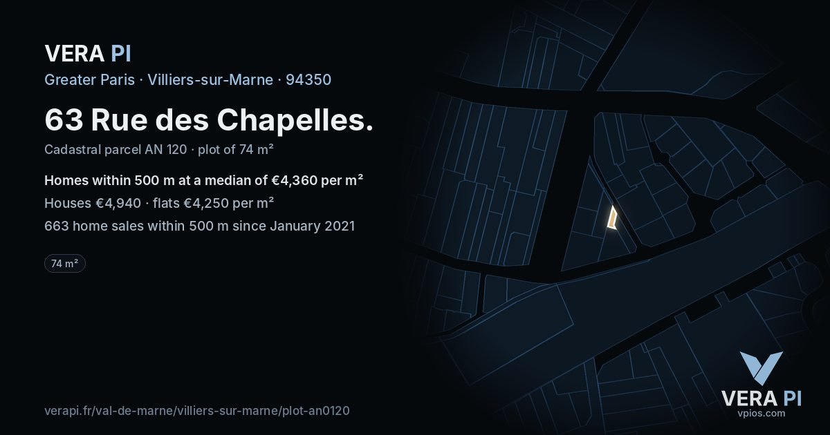 63 Rue des Chapelles, Villiers-sur-Marne at night – the plot lit, the parcels around coloured by the prices near them