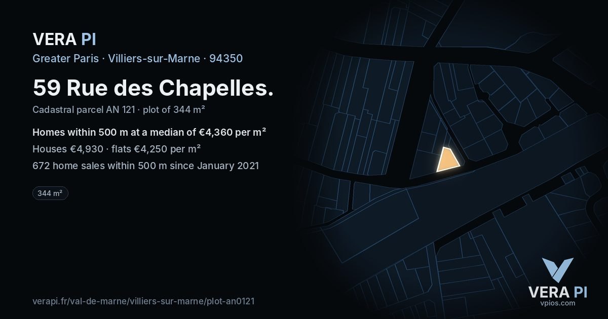 59 Rue des Chapelles, Villiers-sur-Marne at night – the plot lit, the parcels around coloured by the prices near them