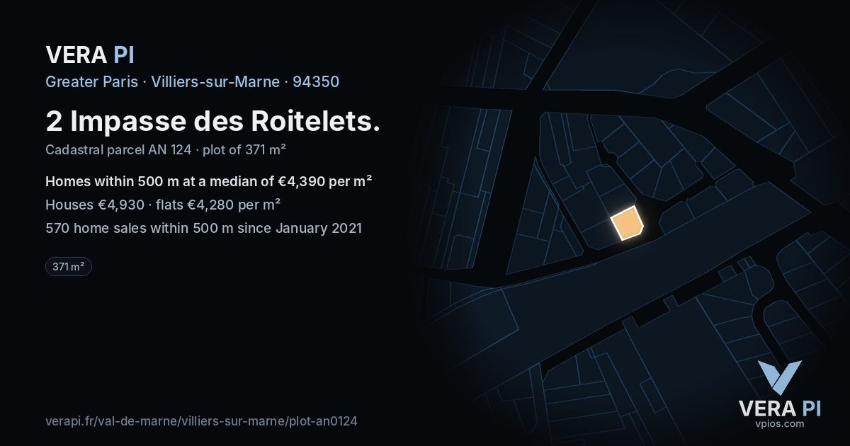 2 Impasse des Roitelets, Villiers-sur-Marne at night – the plot lit, the parcels around coloured by the prices near them