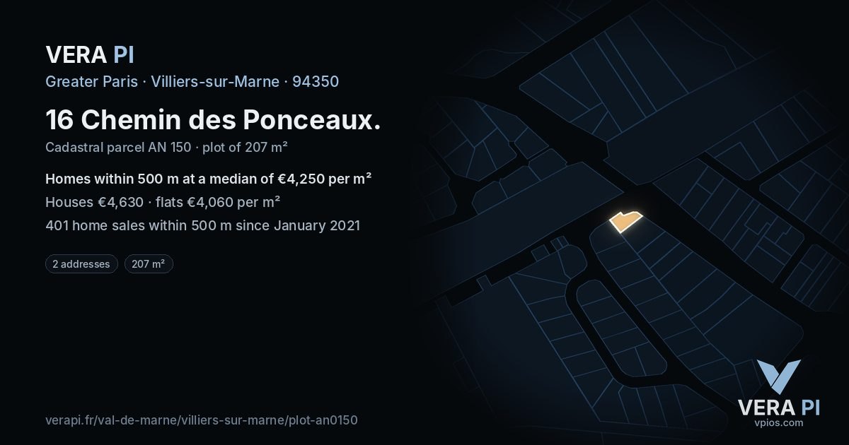 16 Chemin des Ponceaux, Villiers-sur-Marne at night – the plot lit, the parcels around coloured by the prices near them
