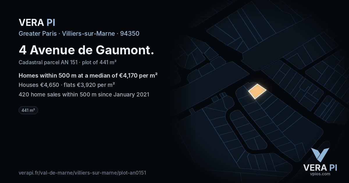 4 Avenue de Gaumont, Villiers-sur-Marne at night – the plot lit, the parcels around coloured by the prices near them