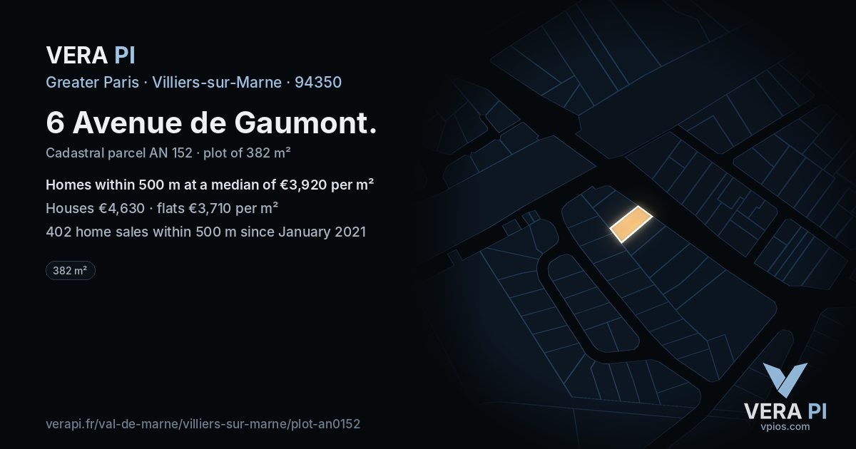 6 Avenue de Gaumont, Villiers-sur-Marne at night – the plot lit, the parcels around coloured by the prices near them